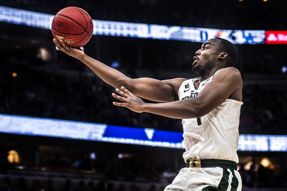 <p>Then-sophomore guard Joshua Langford (1) goes in for a layup during the Champions Classic in the game against Duke on Nov. 14, 2017, at the United Center. The Blue Devils defeated the Spartans, 88-81.&nbsp;</p>