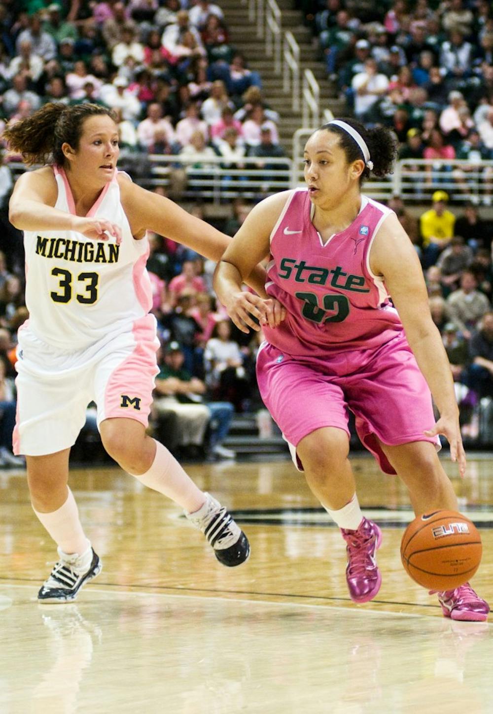 Senior forward Kalisha Keane works her way around Michigan guard Carmen Reynolds Sunday afternoon at Breslin Center. Keane put up 18 points for the Spartans, helping them to defeat the Wolverines 69-56 in the first sold out game in MSU Women's Basketball history. Matt Hallowell/The State News