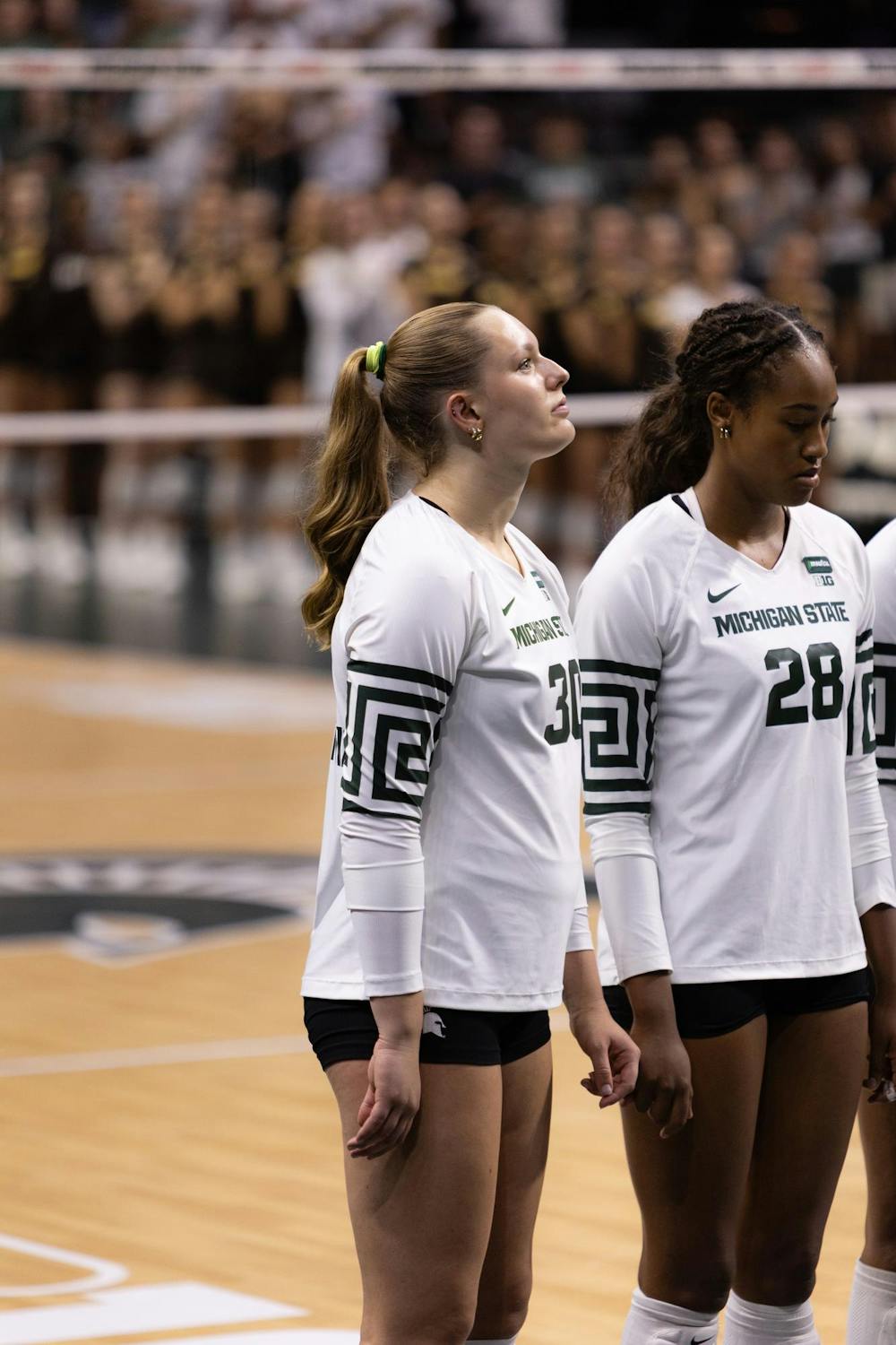 <p>Michigan State freshman outside hitter Colbie Mckenna (30) stands during the national anthem during the Michigan State vs Western Michigan volleyball game at the Breslin Center on Tuesday, Sept. 8 2026.</p>