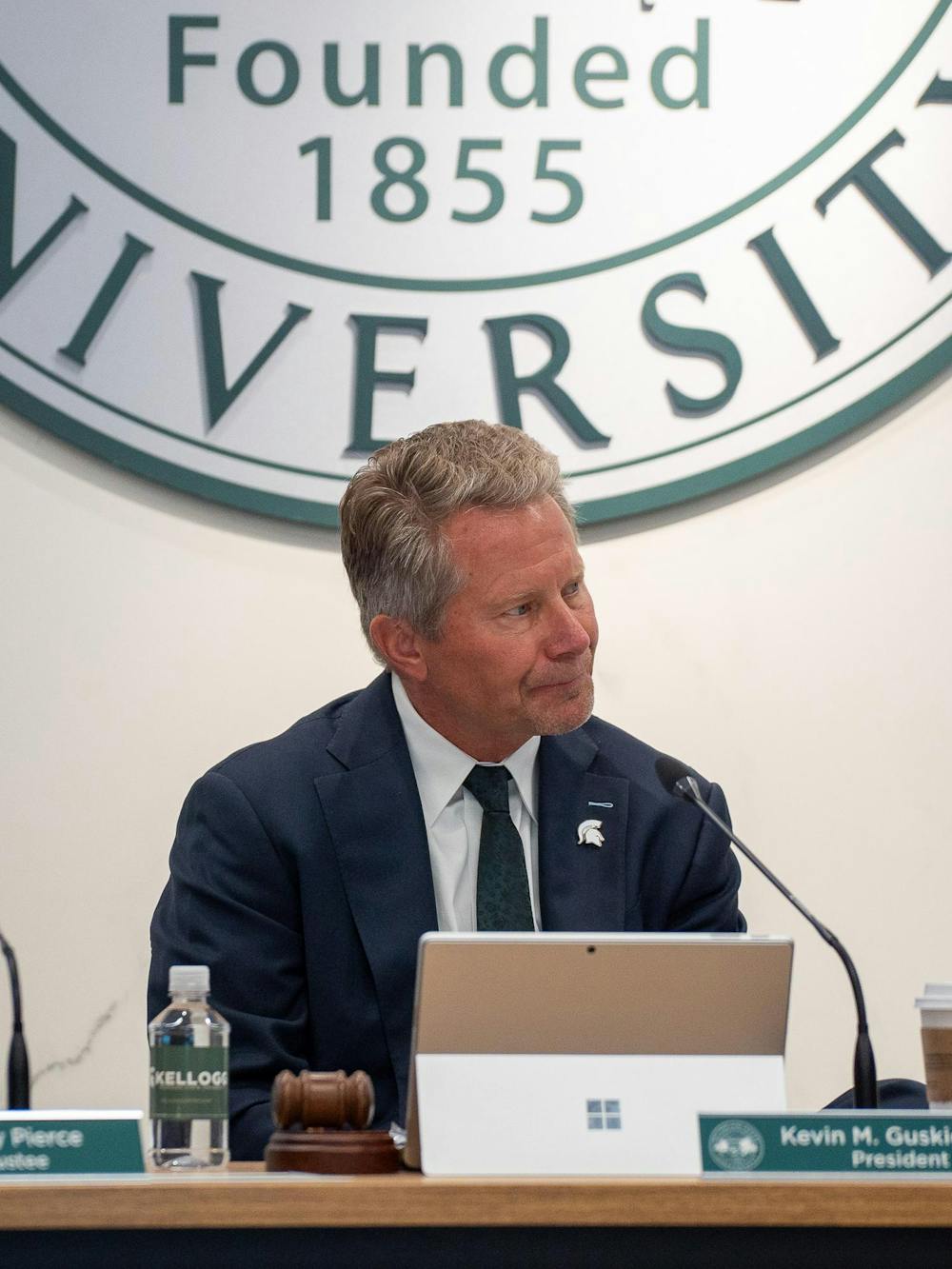 <p>Michigan State President Kevin Guskiewicz looks to his side during the MSU Board of Trustees meeting in East Lansing, Mich., on Sept. 11, 2026.</p>
