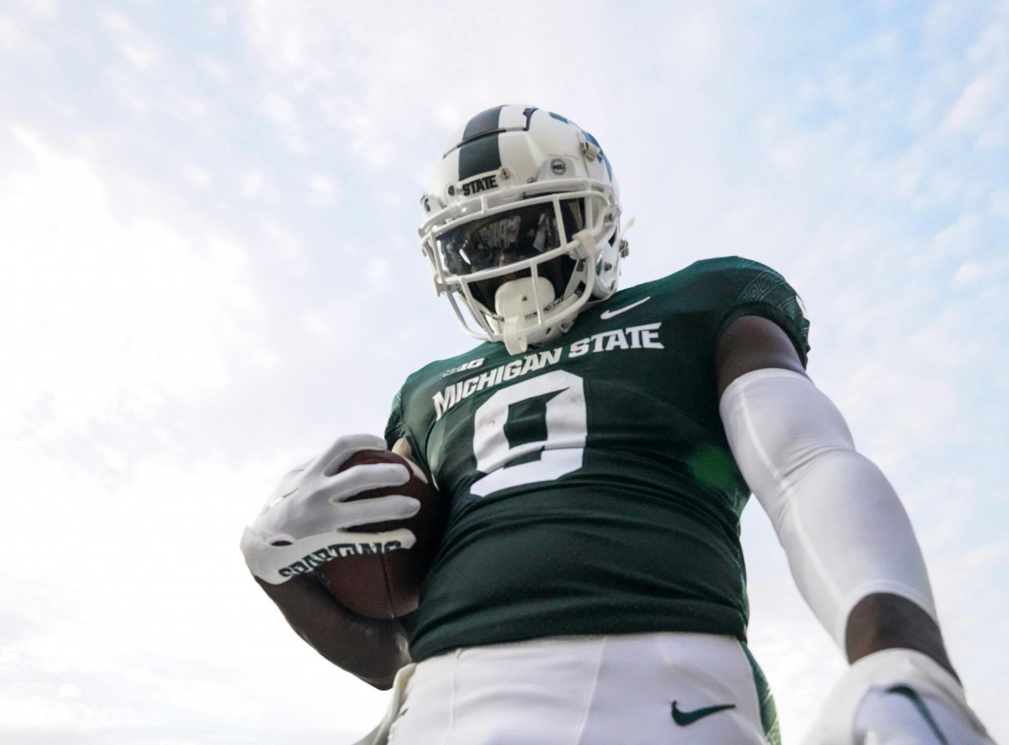 <p>MSU 5th year tight end Daniel Barker (9) makes a touchdown during the season opener against Western Michigan on Sept. 2, 2022. The Spartans beat the Broncos with a score of 35-13. </p>