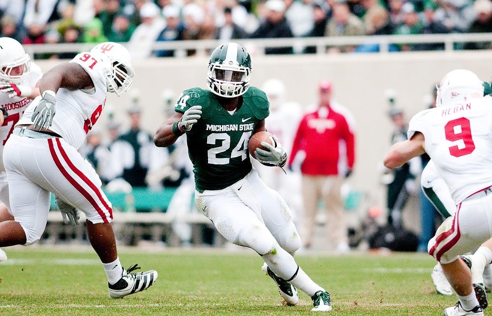 	<p>Sophomore running back Le&#8217;Veon Bell weaves through the Indiana defense. The Spartans defeated the Hoosiers, 55-3, on Saturday afternoon at Spartan Stadium. Josh Radtke/The State News</p>