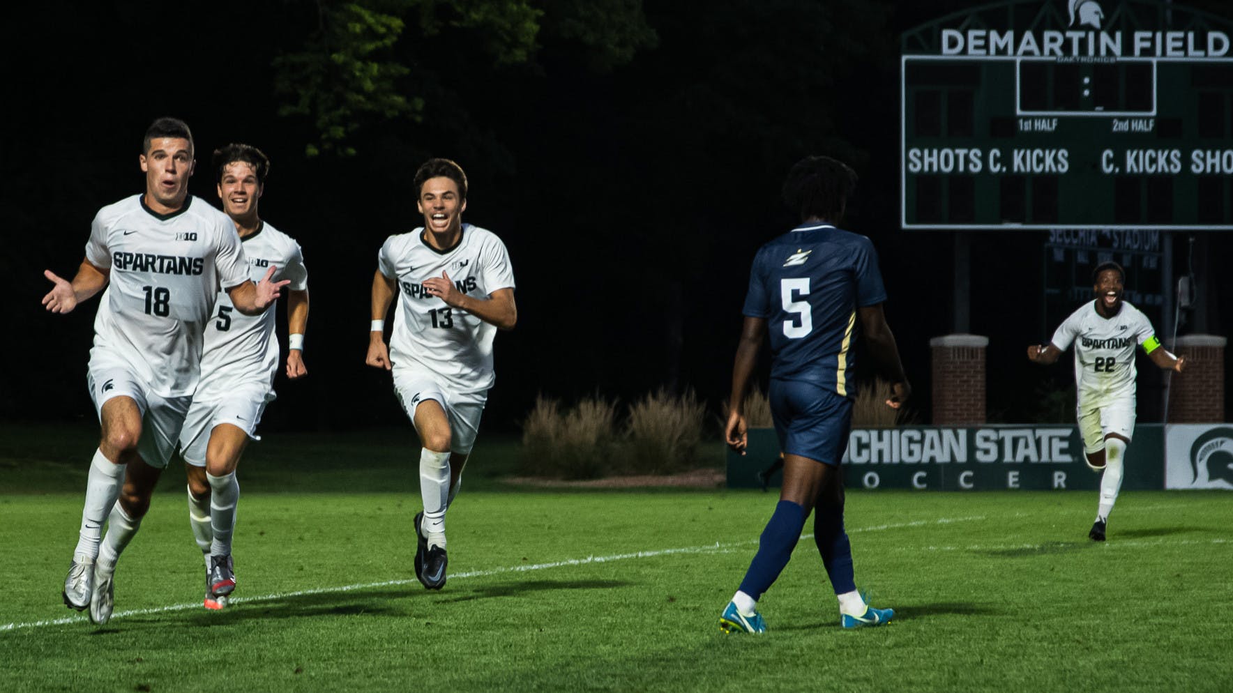 Graduate Student midfielder Michael Miller pulls the 'MJ shrug', following his goal on Aug. 30, 2021.