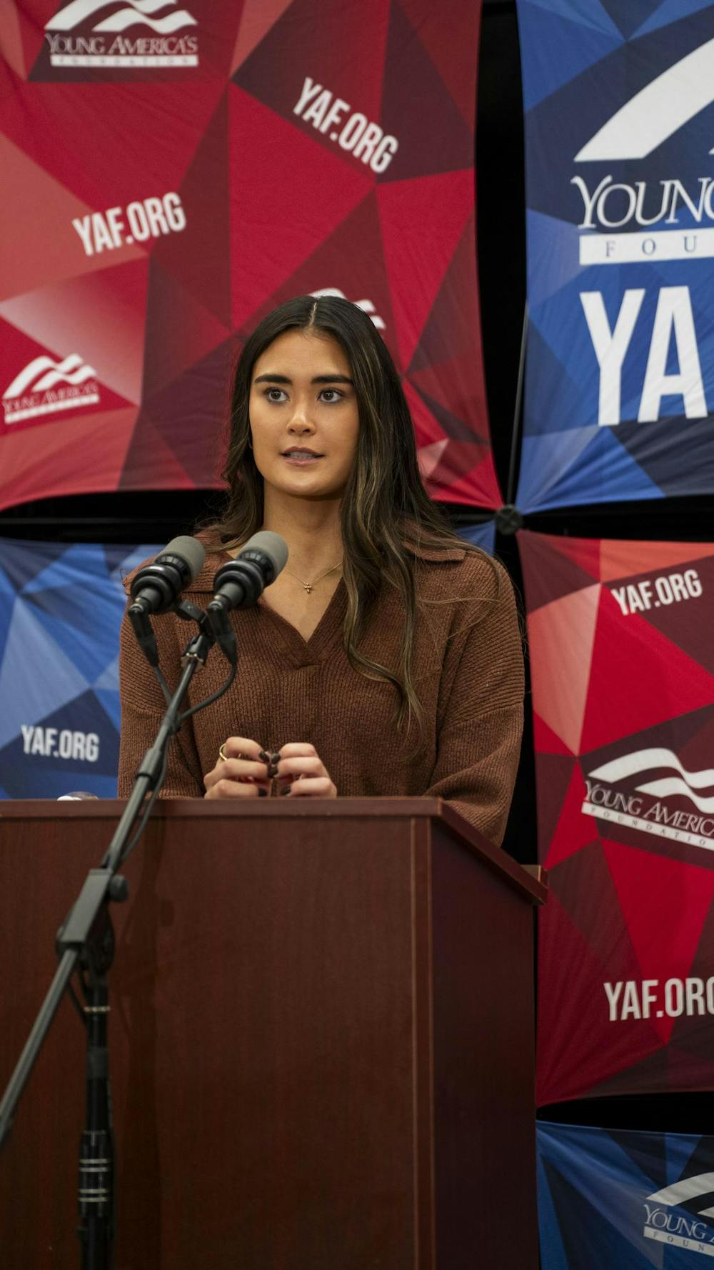 Paula Scanlan speaks at an event held by the Young Americans for Freedom group at Michigan State University on Nov. 12, 2024. Scanlan is a former swimmer from Pennsylvania University and is best known for her outspokenness asking universities to not allow transgender women to participate in women’s sports. 