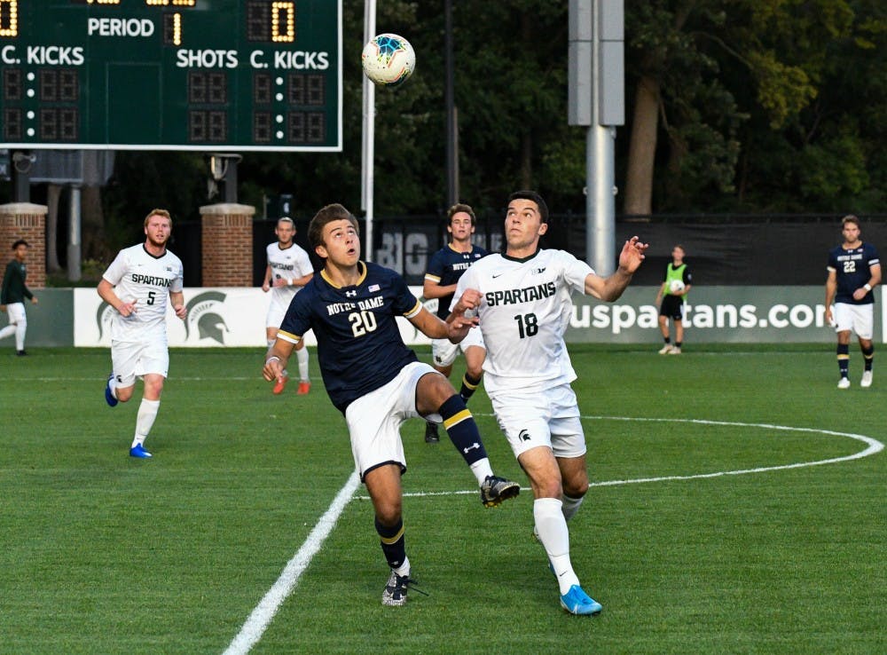 Notre Dame sophomore midfielder Patrick Coleman (20) and junior midfielder Michael Miller (18) fight for a header during the game at DeMartin field on September 24, 2019. The Spartans lost to the Fighting Irish 0-1. 