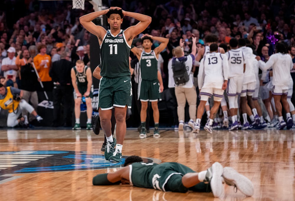 Junior guard AJ Hoggard and his teammates disappointed after the Sweet Sixteen matchup against Kentucky State University at Madison Square Garden on March 23, 2023. The Spartans fell to the Wildcats with a score of 98-93. 