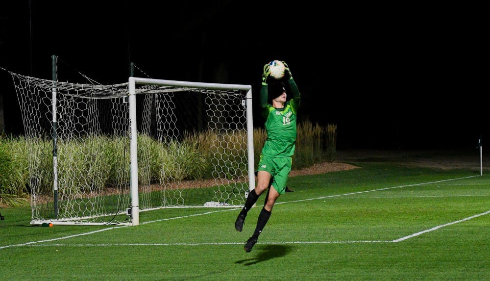 Notre Damn junior goalkeeper Keagan McLaughlin (19) makes a save during the game at DeMartin field on September 24, 2019. The Spartans lost to the Fighting Irish 0-1. 