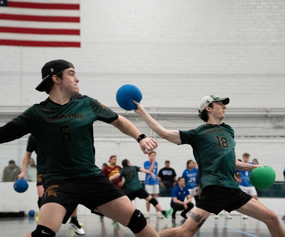 Michigan State University’s club dodgeball team throws the ball toward Grand Valley University during the 2026 Michigan Dodgeball Cup at Demonstration Hall on Feb. 21, 2026.