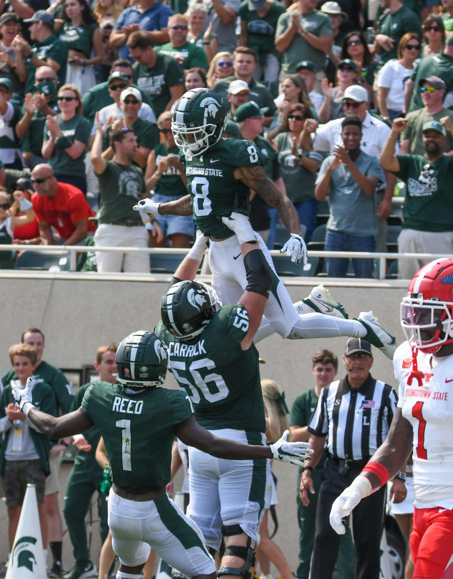 <p>Celebrations ensued as Nailor scores the final touchdown of the game, bringing Michigan State to 42-14 against the Youngstown State Penguins on September 11, 2021. </p>