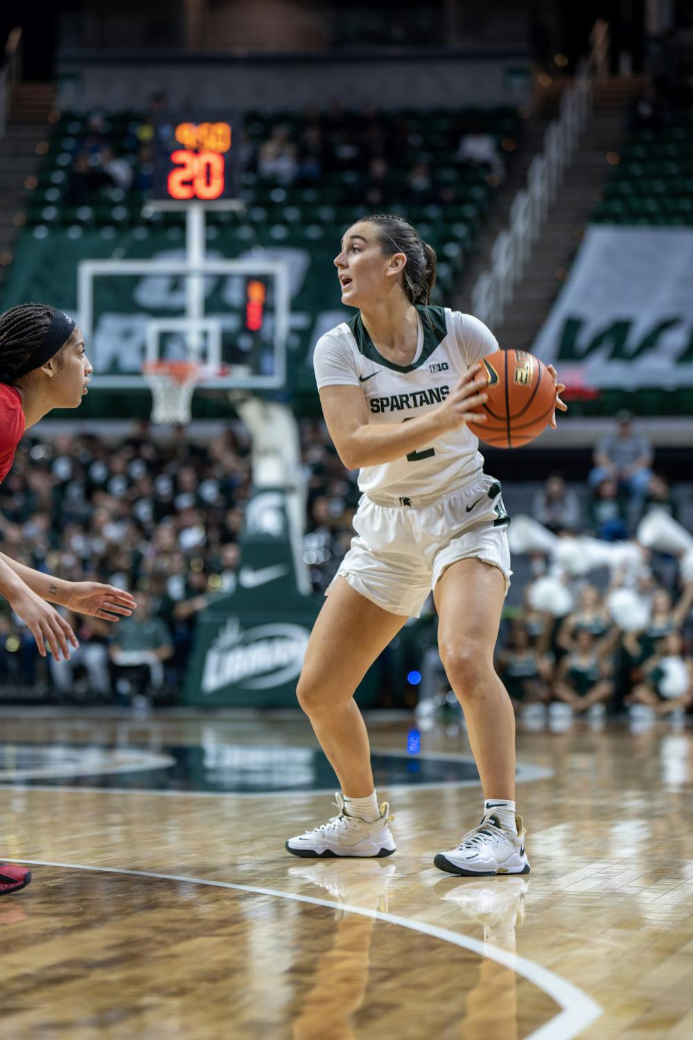 <p>Freshman guard Abbey Kimball handles the ball during the MSU v. Rutgers game held at the Breslin Center on Jan. 22, 2023. The Spartans won against Rutgers 85-63.</p>