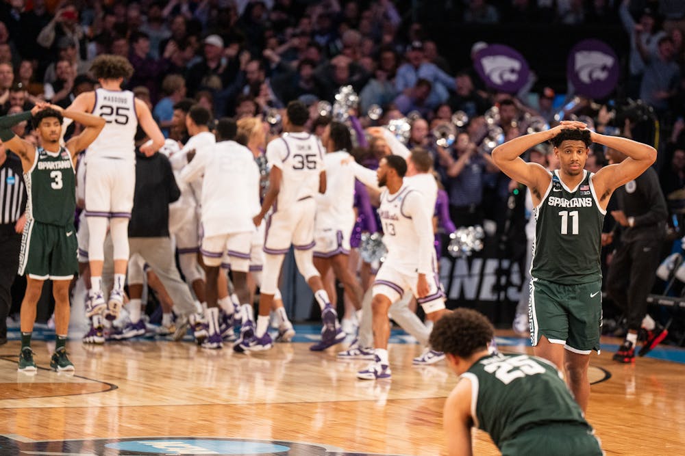Kansas State celebrates during the Spartans' Sweet Sixteen matchup with Kansas State at Madison Square Garden on Mar. 23, 2023. The Spartans lost to the Wildcats 98-93 in overtime.