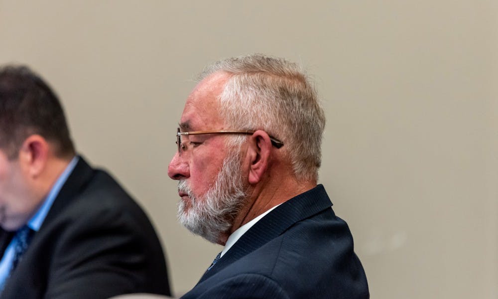 <p>The MSU College of Osteopathic Medicine’s former Dean William Strampel (right) on trial on June 4, 2019, at the Ingham Count Circuit Court.</p>