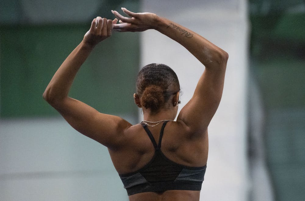 Freshman all-around competitor Nikki Smith at practice on Friday, March 24, 2023 - one week before the Spartans travel to Pittsburgh, Pa for the second round of the NCAA Regionals tournament. 