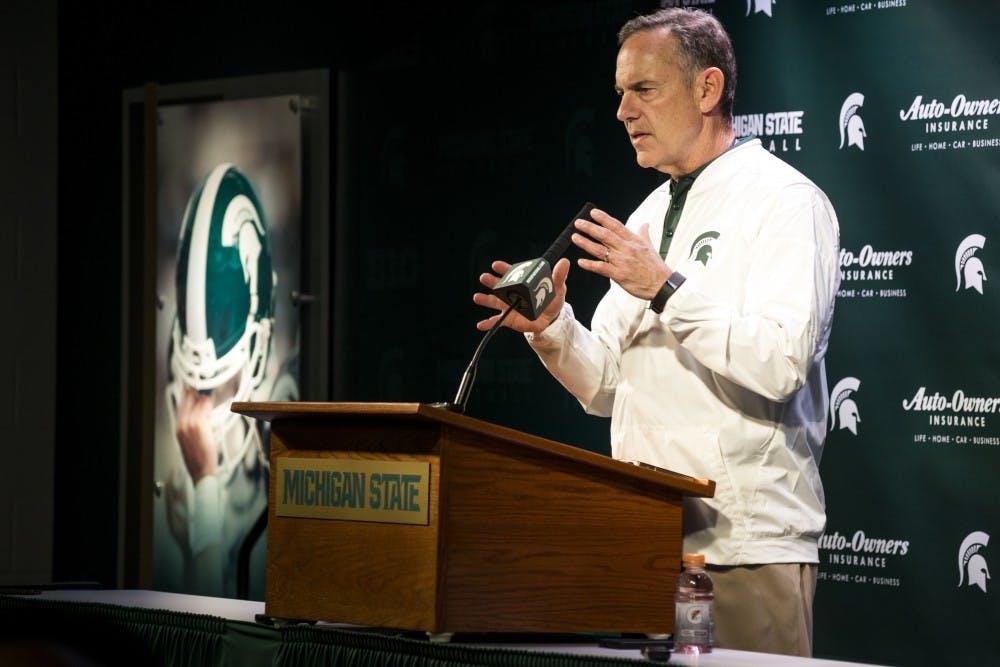 Head coach Mark Dantonio speaks during a press conference after the Green and White Spring Game on April 1, 2017 at Spartan Stadium. The White team defeated the Green team, 33-23.