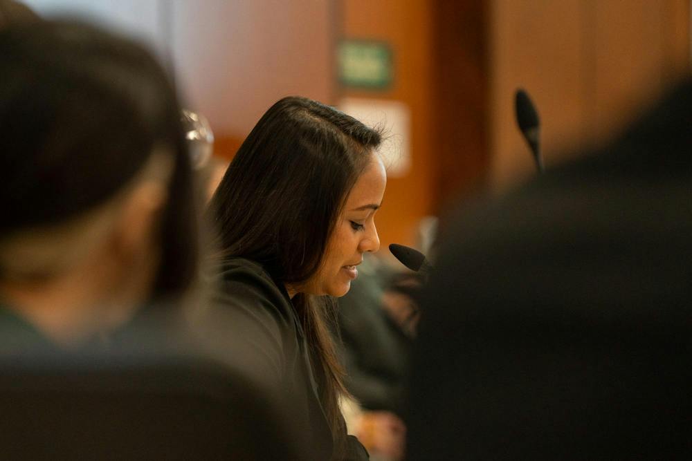 <p>The President of the Council of Graduate Students, Priyanka Kothari speaks at the MSU Board of Trustees meeting in East Lansing, Mich., on Sept. 11, 2026</p>