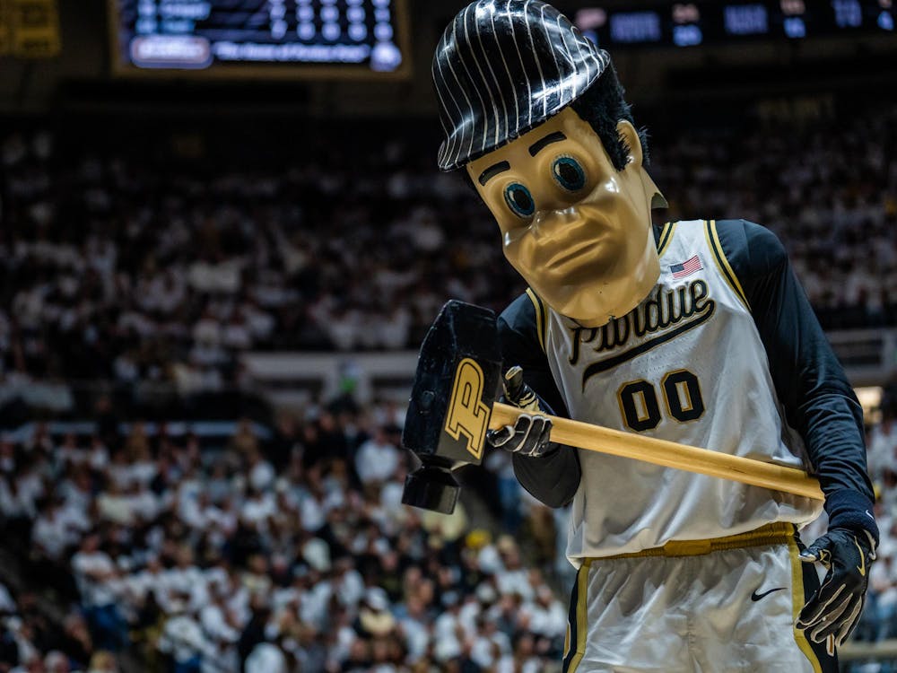 The Purdue University mascot at the MSU vs. Purdue basketball game at Mackey Arena in West Lafayette, Indiana on Thursday, Feb. 26, 2026. MSU won 76-74. 