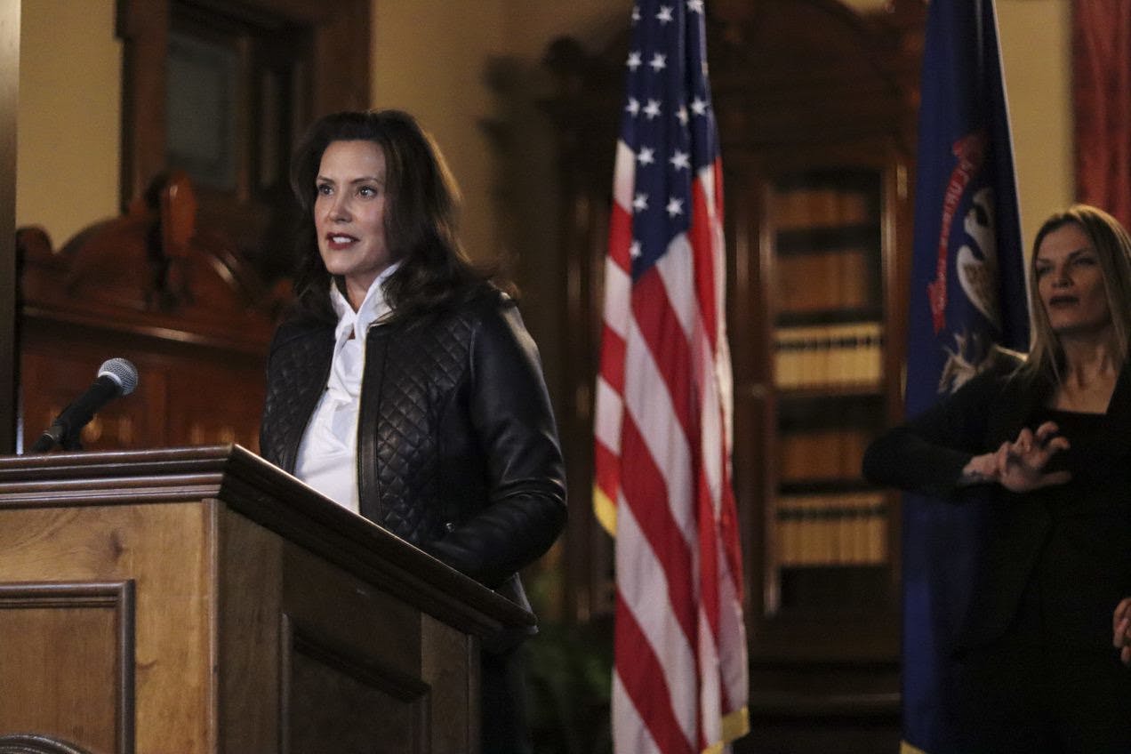 <p>Courtesy image of Gov. Gretchen Whitmer at the Capitol on Oct. 8, 2020, provided by Michigan executive office of the governor.</p>