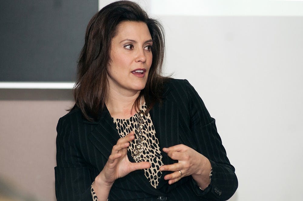 <p>Michigan Senate Minority Leader Gretchen Whitmer, D-East Lansing, speaks to students about abortion laws Feb. 12, 2014, at Case Hall. Whitmer and fellow speaker Whitney Mich, a government relations and development coordinator for Planned Parenthood Advocates of Michigan, addressed the rider for abortion coverage that was passed in December of 2013. Danyelle Morrow/The State News</p>