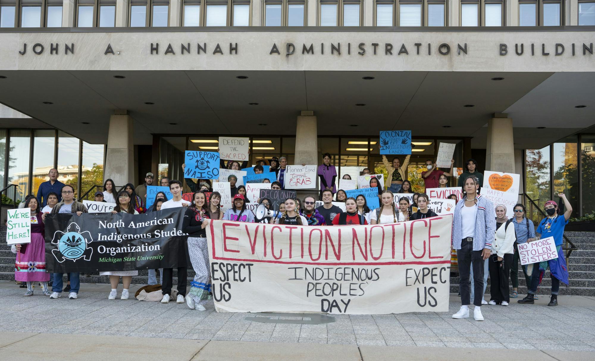 <p>NAISO and ILSO lead an Indigenous Peoples Day march to the Hannah Administration Building on Monday, Oct. 10, 2022. </p>