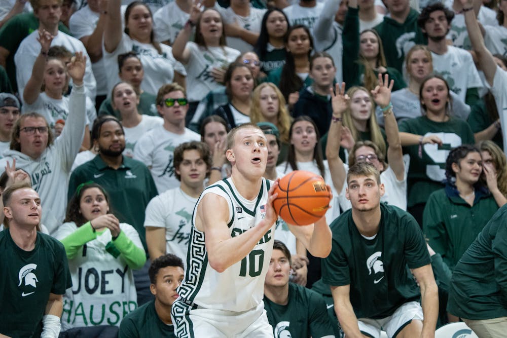 <p>Graduate student forward Joey Hauser shoots a three-pointer during the Spartans&#x27; 73-55 win over Northern Arizona on Nov. 7, 2022.</p>