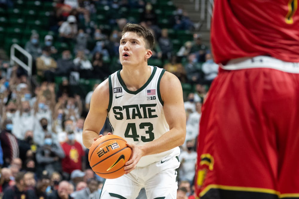 <p>Michigan State&#x27;s senior Jason Whitens prepares to shoot a free throw during Michigan State&#x27;s victory over Ferris State on Oct. 27, 2021.</p>