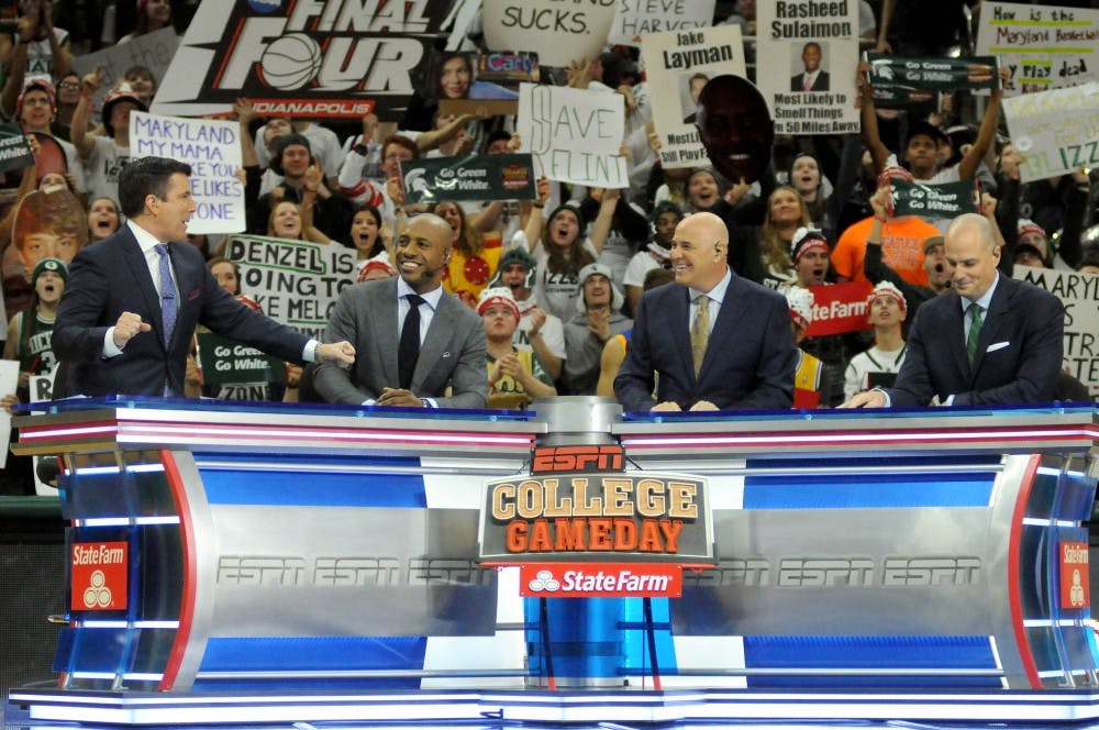From left to right, Rece Davis, Jay Williams, Jay Bilas, and Seth Greenberg host ESPN's College GameDay on Jan. 23, 2016 at Breslin Center.
