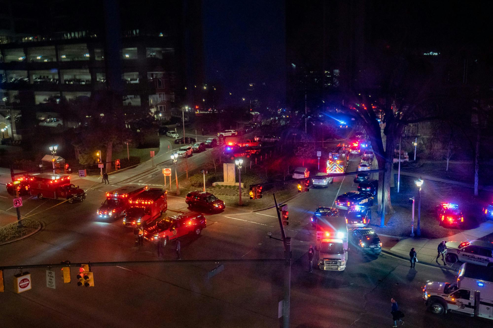 <p>An overhead view of the first responders that arrived to MSU Union during the response of a shooting on Michigan State’s campus on the night Feb. 13, 2023.</p>