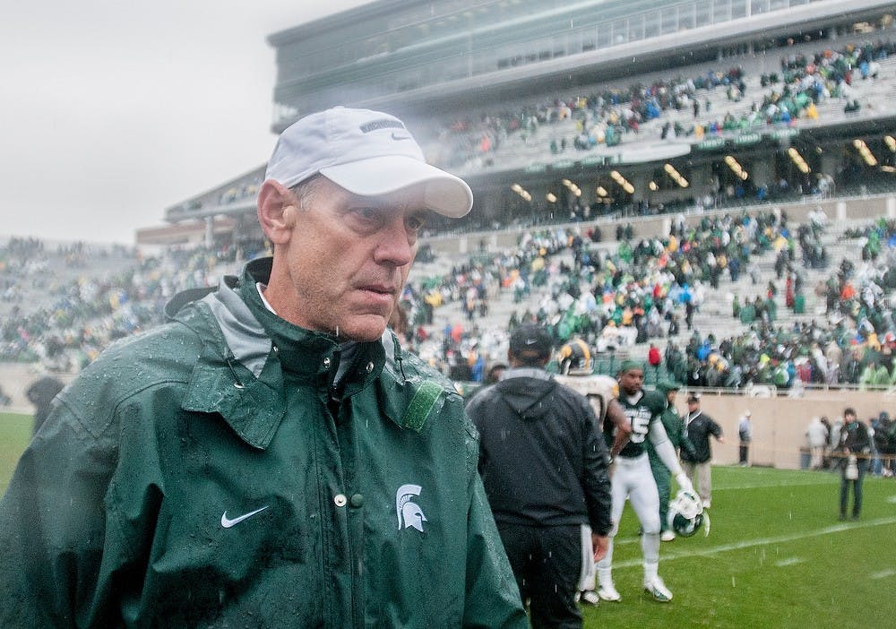 	<p>Head coach Mark Dantonio walks off the field after after the Spartans lost the game against Iowa, 19-16, on Saturday, Oct. 13, 2012 at Spartan Stadium. The team left the field right after the game, skipping their normal huddle for prayer on the field. Julia Nagy/The State News</p>