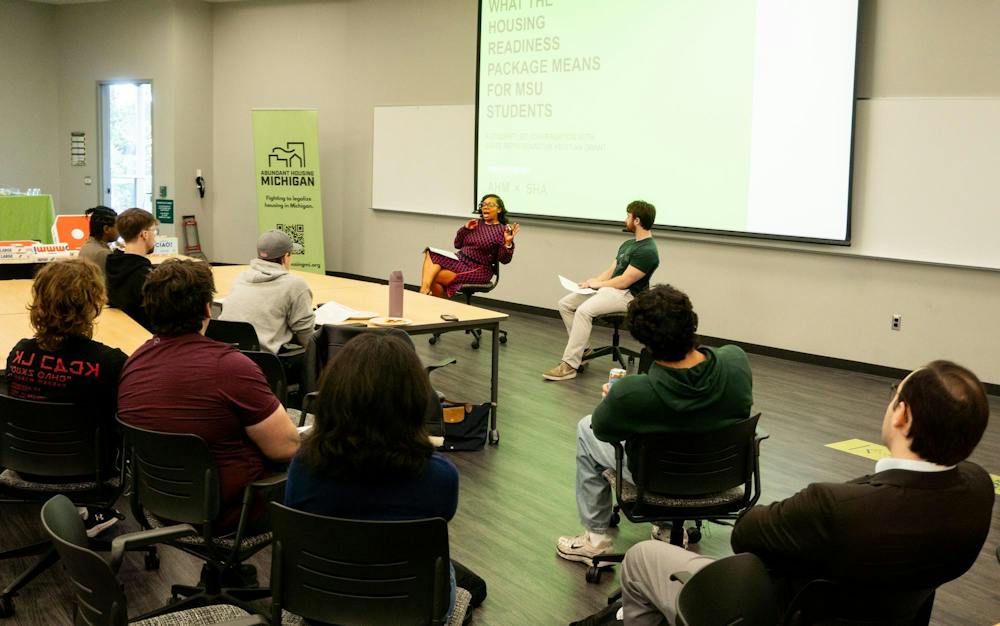 <p>State Rep. Kristian Grant, D-Mich., speaks to the Spartan Housing Alliance about a housing plan at Wonders Hall in East Lansing, Mich., on Tuesday, Sept. 22, 2026.</p>