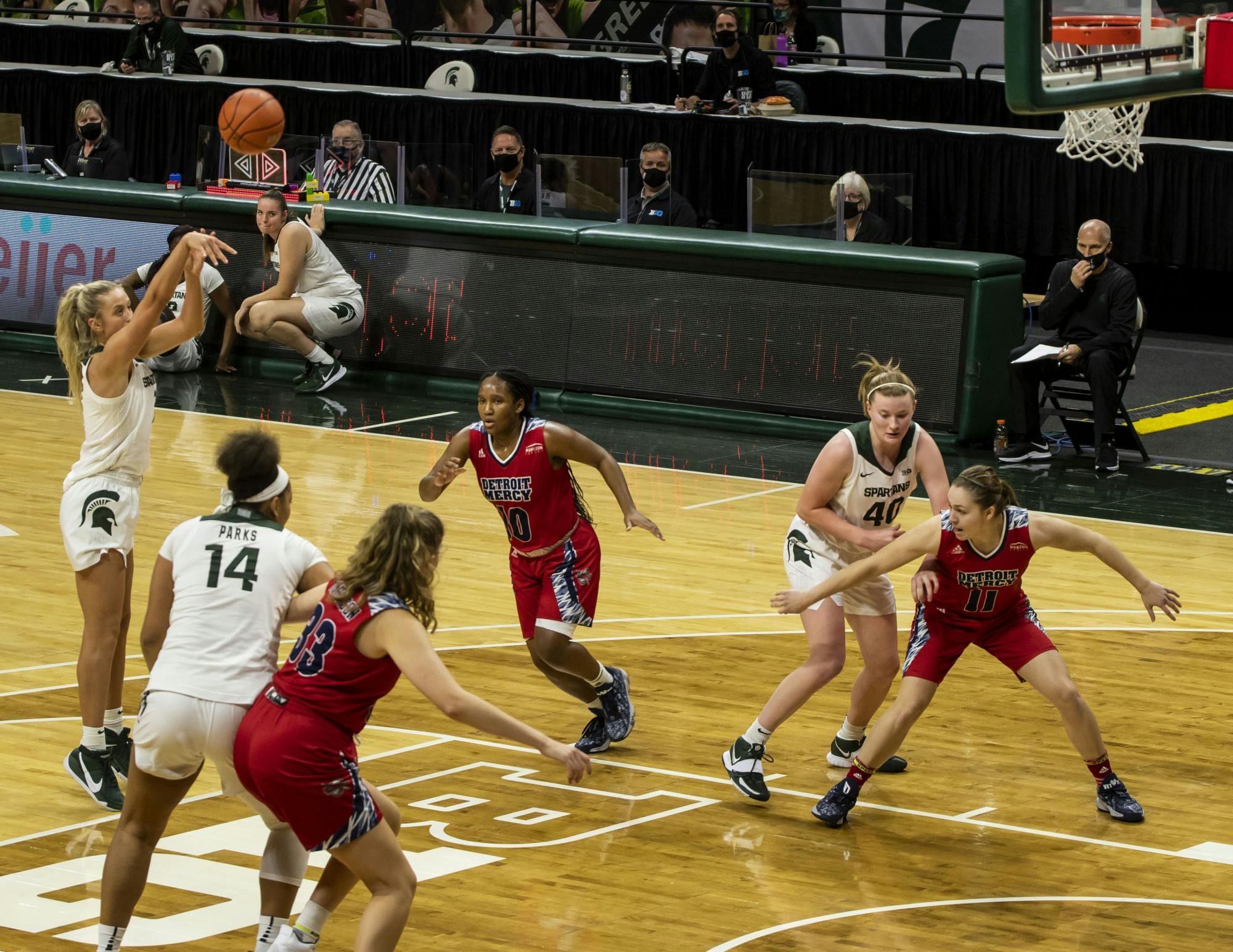 Tory Ozment shoots a free throw during MSU's game against Detroit Mercy on December 02, 2020.