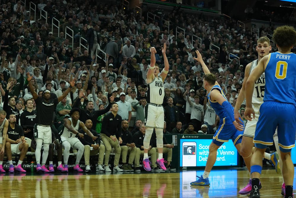 Michigan State senior Jaxon Kohler (0) shoots the ball against UCLA at the Breslin Center in East Lansing, Michigan, on Tuesday, Feb. 17, 2026.