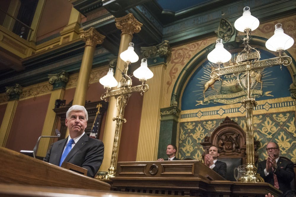 Gov. Rick Snyder addresses the audience during the State of the State Address on Jan. 23, 2018 at the Capitol in Lansing. (Nic Antaya | The State News)