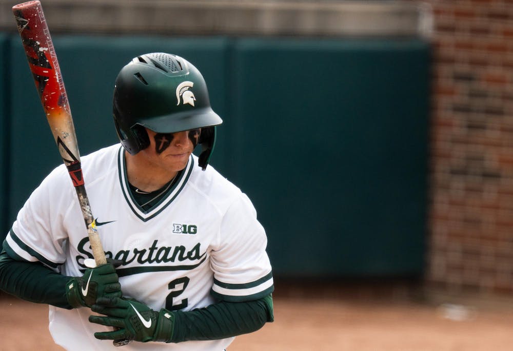 Michigan State senior outfielder JT Sokolove (2) prepares to swing the bat at McLane Stadium on April 19, 2025. Sokolove's walk-off homer secured a 10-9 win for the Spartans.