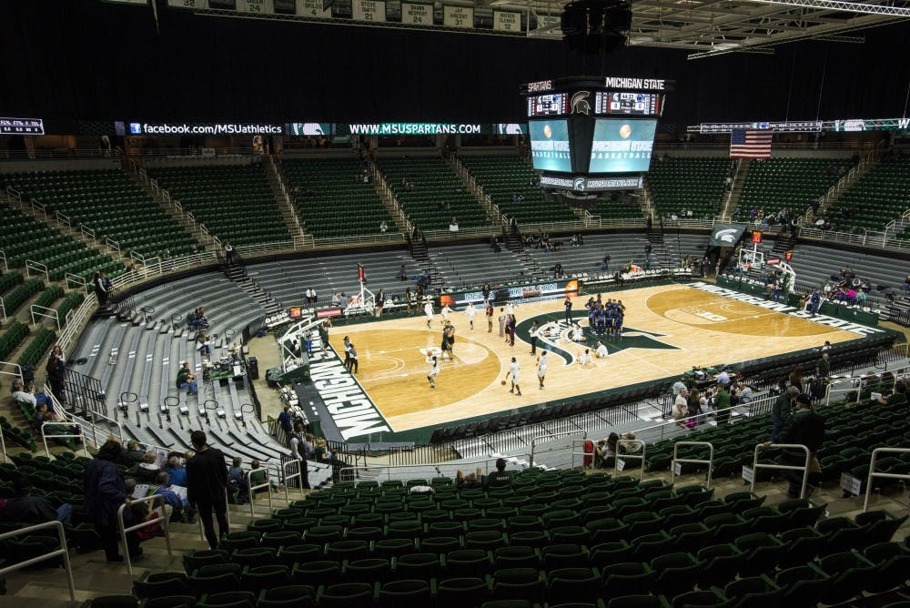 <p>Players warm up before the women's basketball game against Pennsylvania State University on Feb. 22, 2017 at Breslin Center. The Spartans defeated the Nittany Lions, 73-64.</p>