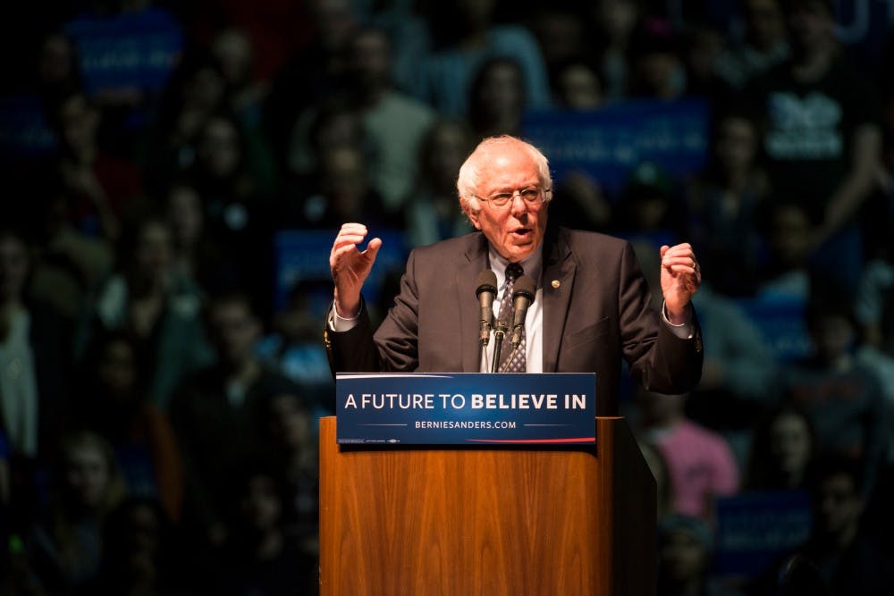 Presidential candidate and Vermont Sen. Bernie Sanders speaks during a rally on March 2, 2016 at Breslin Center.