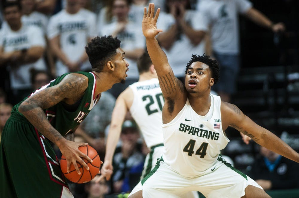 Freshman forward Nick Ward (44) covers Mississippi Valley State forward Terence Traylor (21) during the game against Mississippi Valley State on Nov. 18, 2016 at Breslin Center. The Spartans defeated the Delta Devils, 100-53.