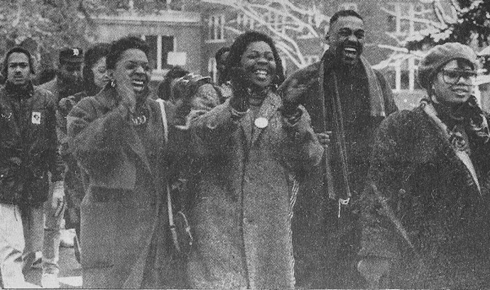 <p>MSU students participate in a march on Jan. 12, 1987 to remember the birthday of civil rights leader and icon Rev. Martin Luther King Jr. Decades later, King’s legacy continues to inspire students on campus. State News file photo.&nbsp;</p>