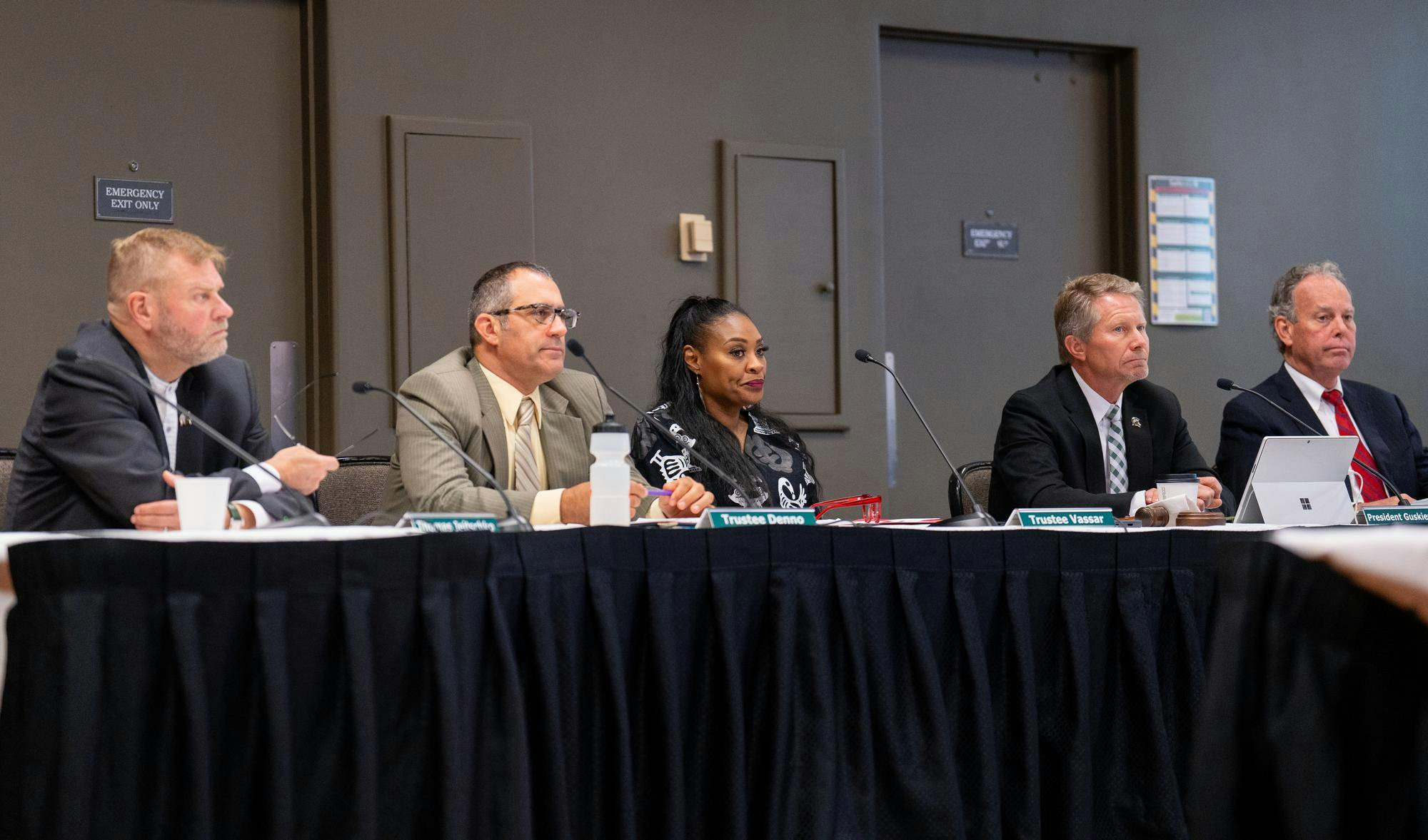 MSU President, Kevin Guskiewicz, and Board of Trustees members listen as individuals speak during public comment. The Board of Trustees meeting was held on Sept. 6, 2024, in the Lincoln Room of the Kellogg Center.