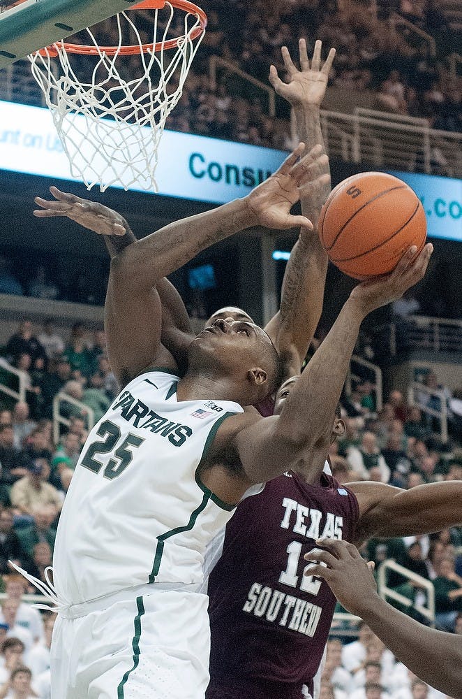 	<p>Senior center Derrick Nix goes for a layup during the game against Texas Southern on Nov. 18, 2012, at Breslin Center. The Spartans beat the Tigers 69-41. Natalie Kolb/The State News</p>