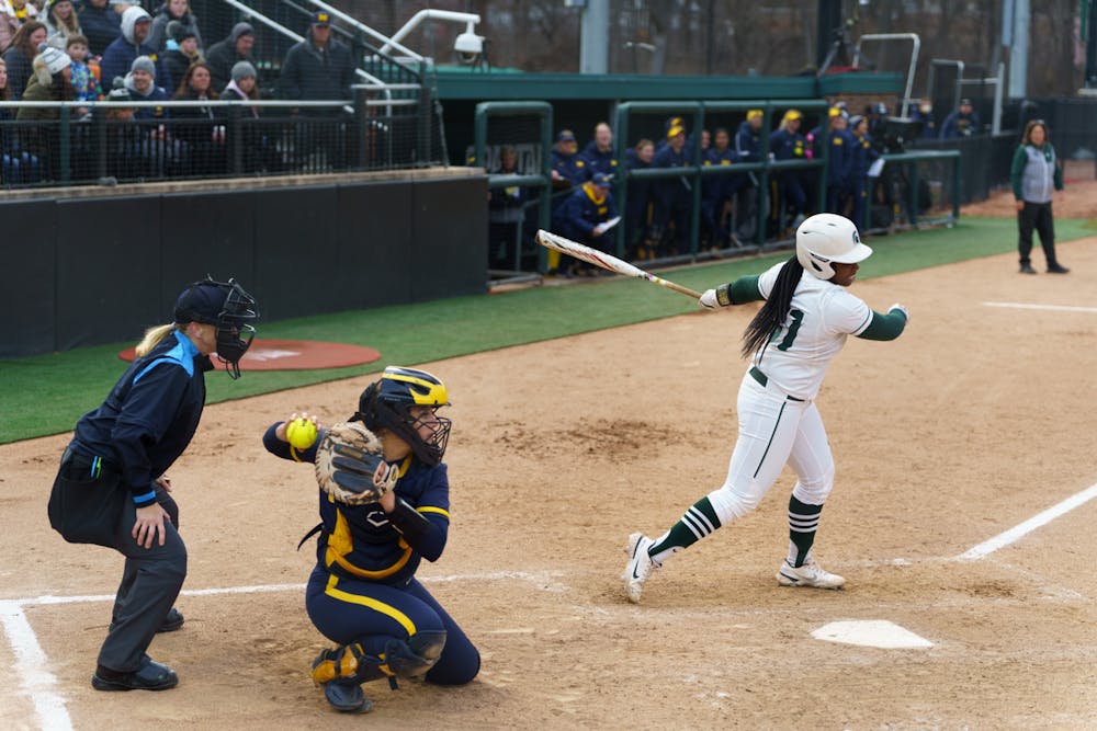 <p>Michigan State sophomore Zaquai Dumas (31) strikes out in the fourth inning. Michigan State lost 3-0 to Michigan at the Secchia Stadium, on Apr. 19, 2022.</p>
