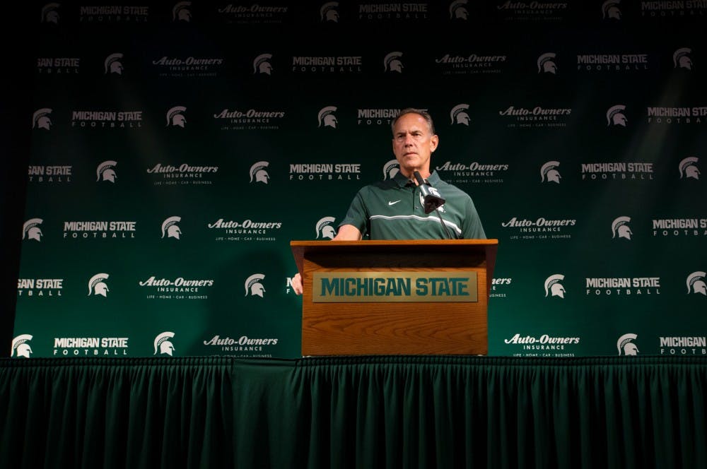 Head coach Mark Dantonio responds to a question from the media during Media Day on Aug. 8, 2016 at Spartan Stadium. Media Day allowed for the media to converse with the team's coaches and players.