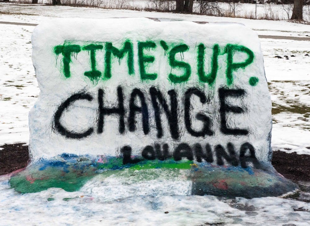 The Rock reads "Time's Up. Change Lou Anna." on Jan. 21, 2018. (State News | Annie Barker)