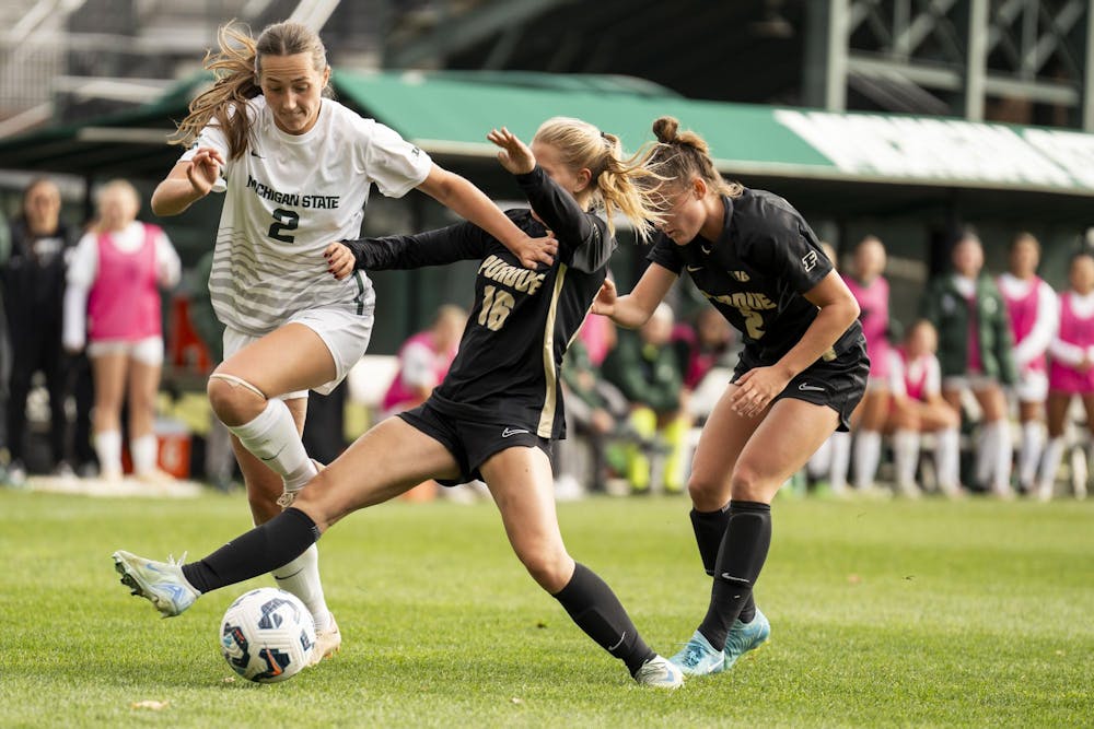 <p>Michigan State junior defender Sofia Beerworth (2) takes the ball from Purdue freshman defender Emilia Deppe (16) at DeMartin Stadium on Oct. 27, 2024. MSU beat Purdue 3-1.</p>