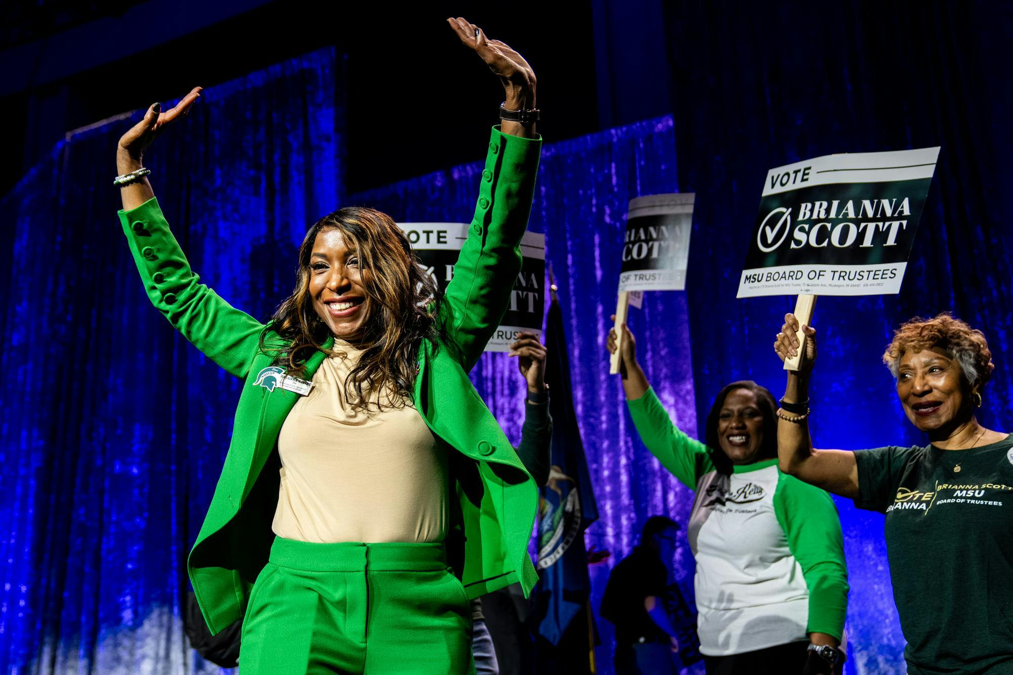 <p>Michigan State University Trustee Brianna Scott celebrates after being endorsed at the Michigan Democratic State Convention at Huntington Place in Detroit on Sunday, April 19, 2026.</p>