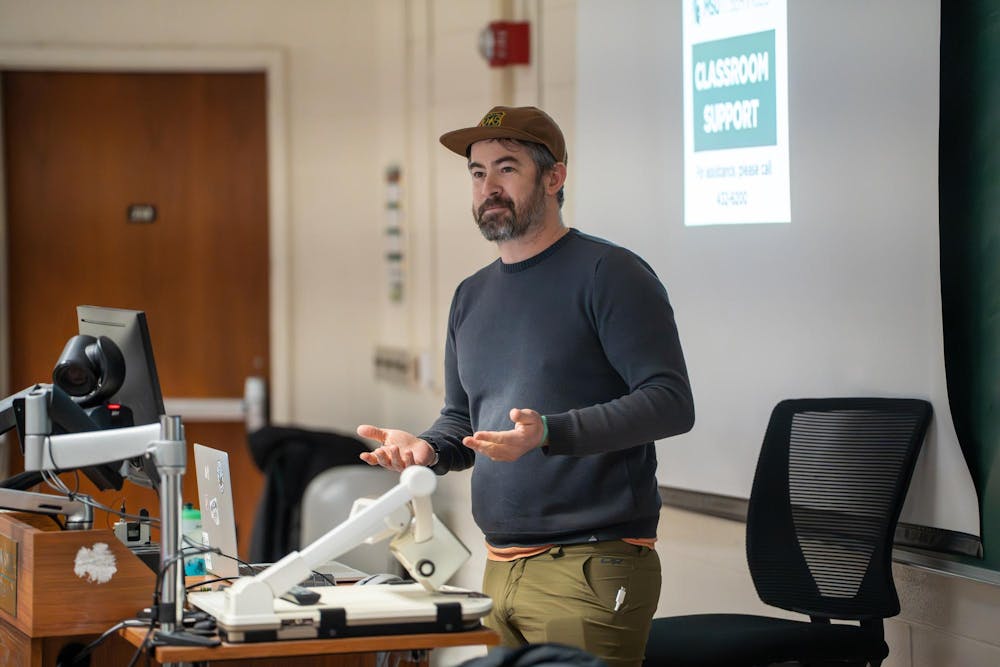 Clint Adams, an MSU and Outdoors Club alum, speaks to members about outdoor activities and event opportunities during an Outdoors Club meeting on Monday, Feb. 9, 2026, at IM West Recreational Facility in East Lansing, Mich.