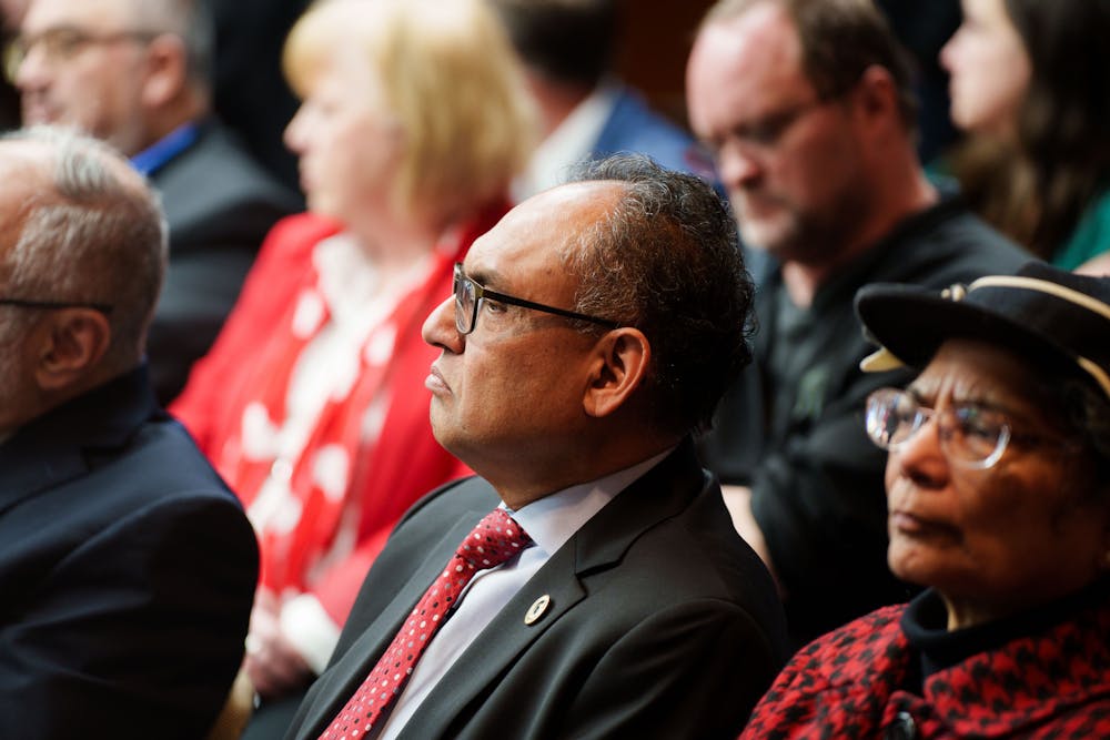 Former Broad College dean Sanjay Gupta sits in the audience during an MSU Board of Trustees meeting, held at the Hannah Administration Building on Feb. 10, 2023.