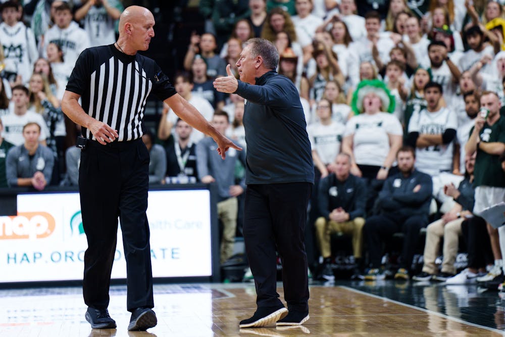 <p>Michigan State head coach Tom Izzo pleads his case to an official during a matchup against Rutgers, held at the Breslin Center on Jan. 19, 2023. The Spartans defeated the Scarlet Knights 70-57.</p>