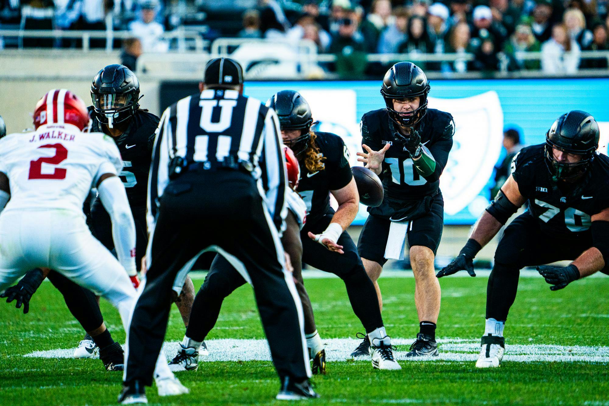 MSU sixth-year quarterback Tommy Schuster (10) snaps the ball during a game at Spartan Stadium on Nov. 2, 2024. Schuster entered the game as a substitute for first-string quarterback Aiden Chiles, who was injured in the third quarter.