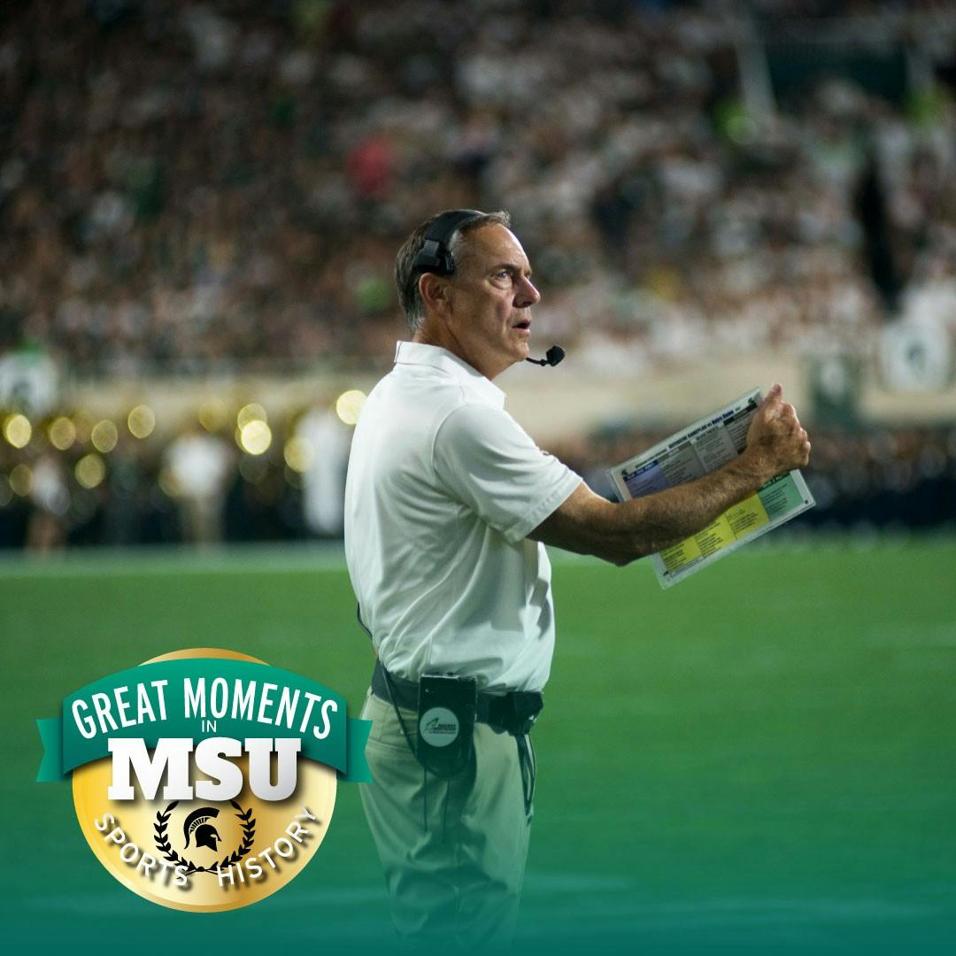 Head Coach Mark Dantonio stares in disbelief at a touchdown call in the end zone during the game against Notre Dame on Sept. 23, at Spartan Stadium. The call was reviewed and confirmed as called on the field. Photo by Matt Schmucker. Design by Daena Faustino.