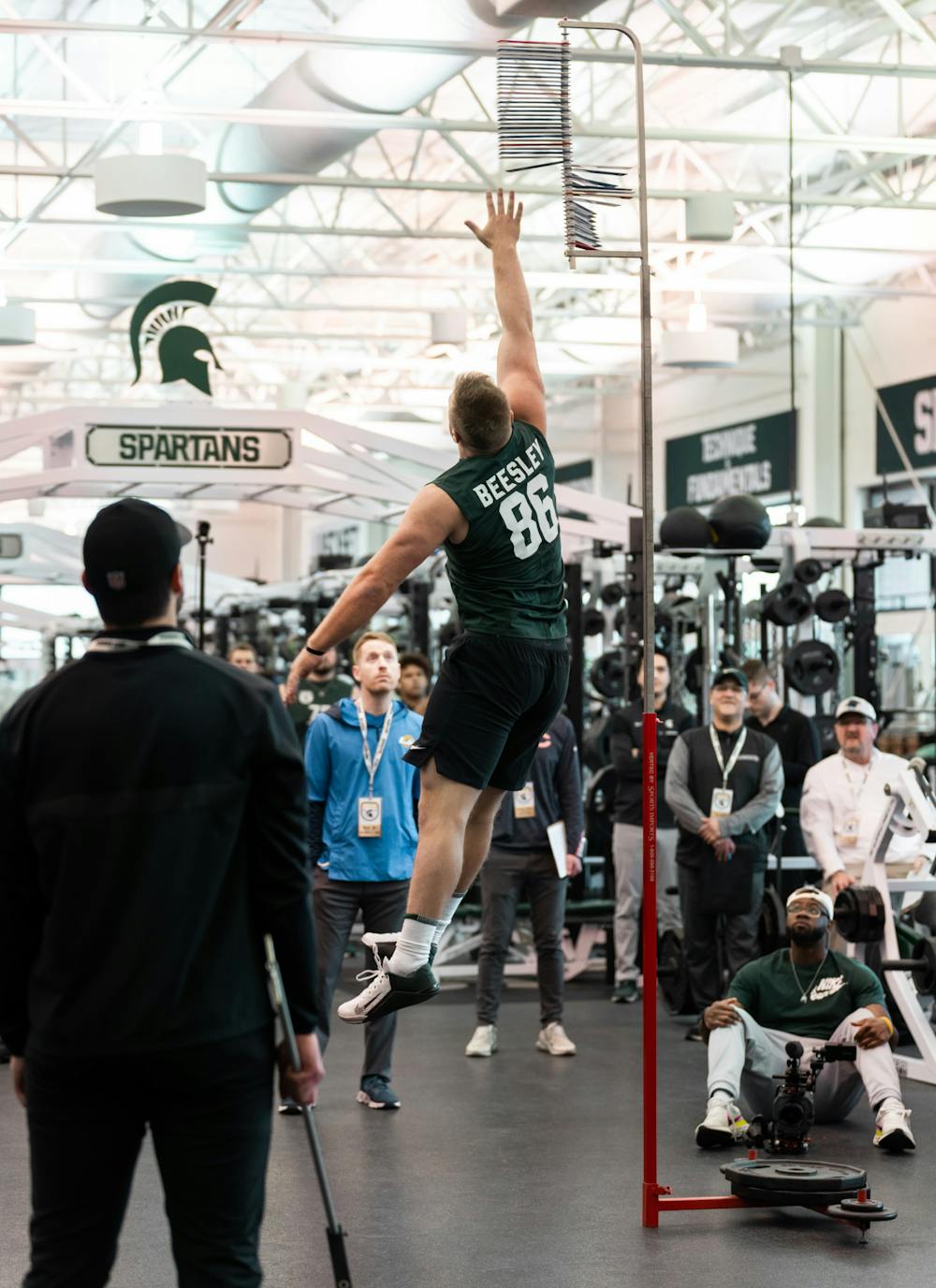<p>Michigan State graduate student Drew Beesley with 28 inches for his vertical jump, on Mar. 16, 2022 at the Duffy Daugherty Indoor Football Building.</p>